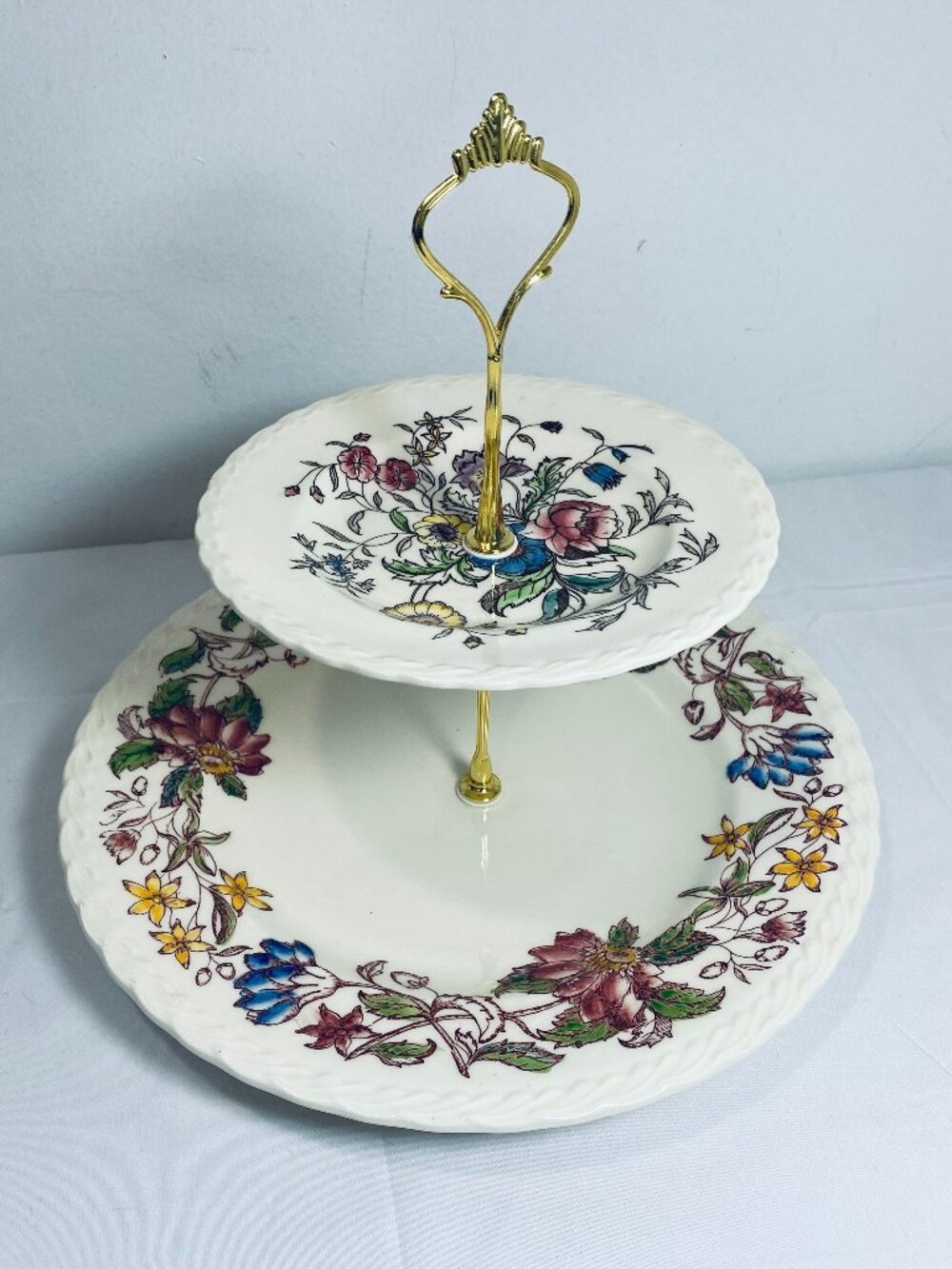 VNTG 2-Tier Tidbit Tray Vernon Kilns May Flower Plates, New Gold Handle 1940-50